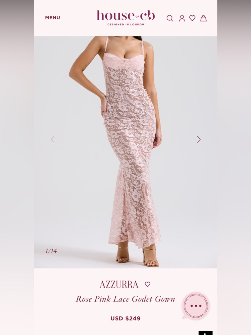 House of CB Rose Pink Lace Maxi Gown